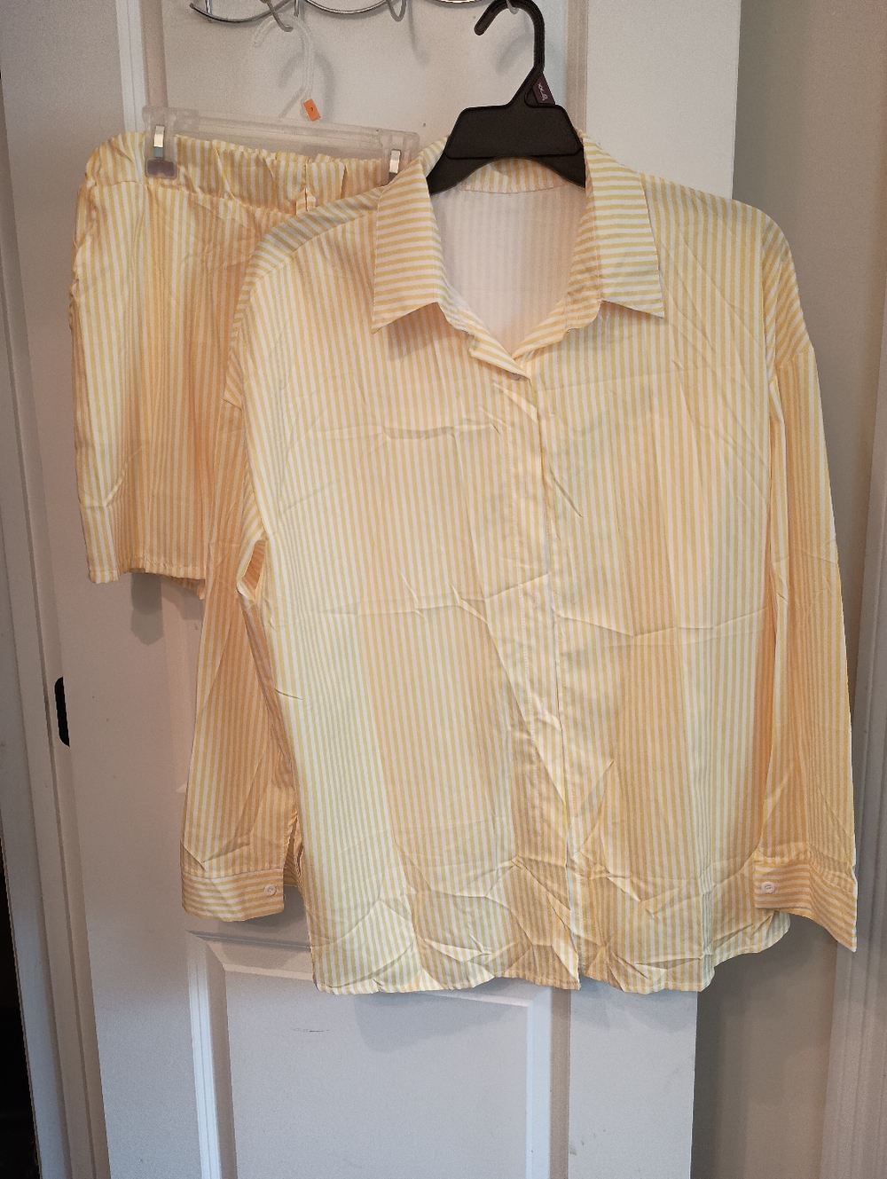 Light Yellow Striped Button-Up Top and Shorts Set